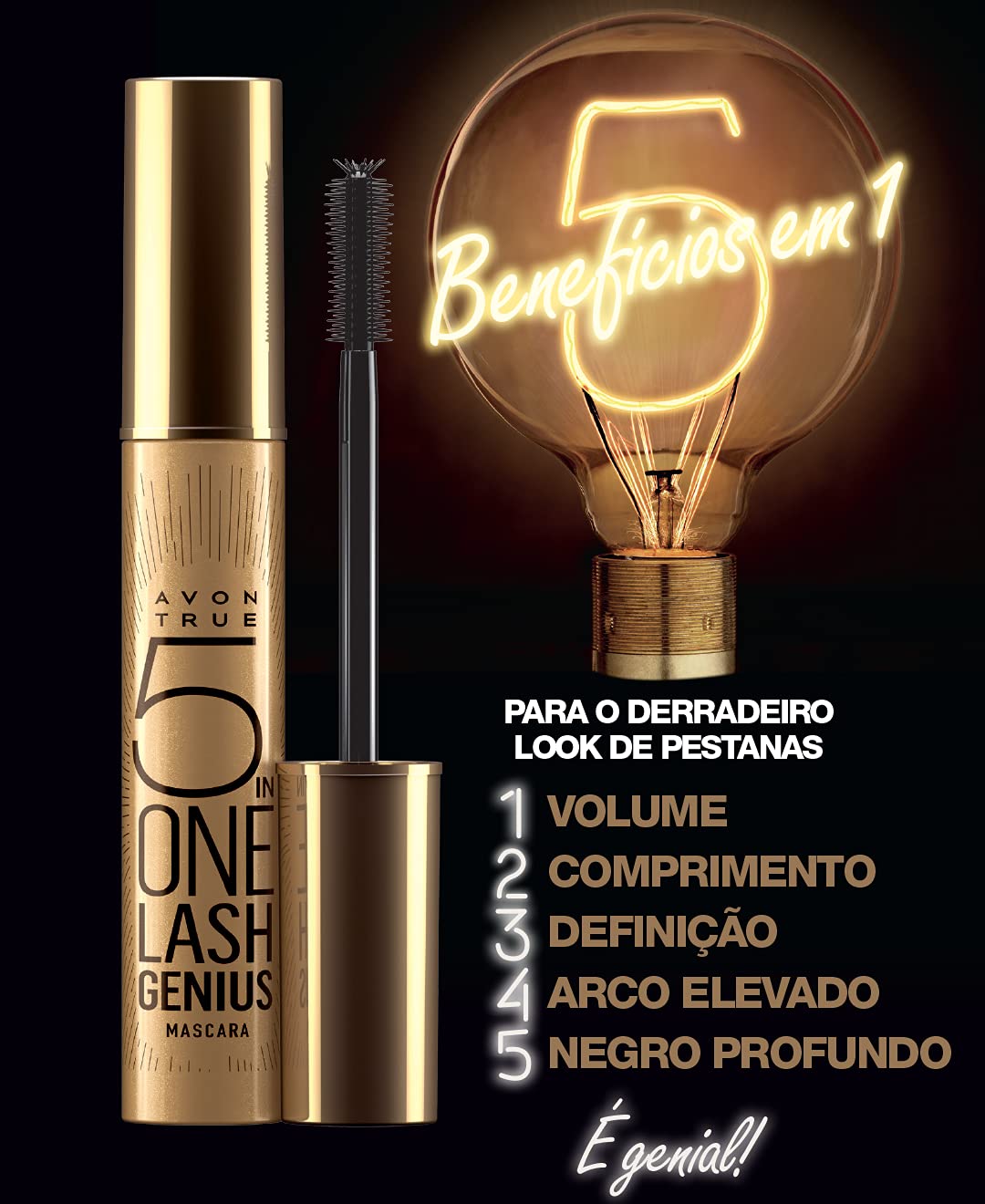 Máscara (Rímel) para Cílios Genius 5 em 1 Preta 10ml