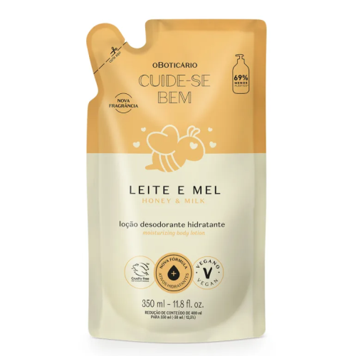 Refil Loção Hidratante Desodorante Corporal Cuide-se Leite e Mel 350ml