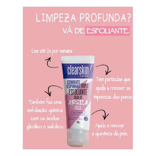 Esfoliante Facial Triplo de Argila Rosa Clearskin Avon 50g