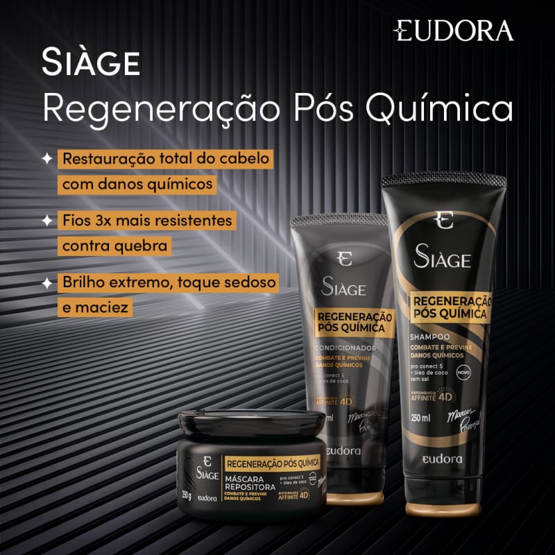 Combo Siàge Regeneração Pós Química: Shampoo 250ml + Máscara 250g + Condicionador 200ml - Eudora
